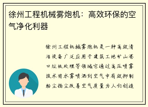徐州工程机械雾炮机：高效环保的空气净化利器